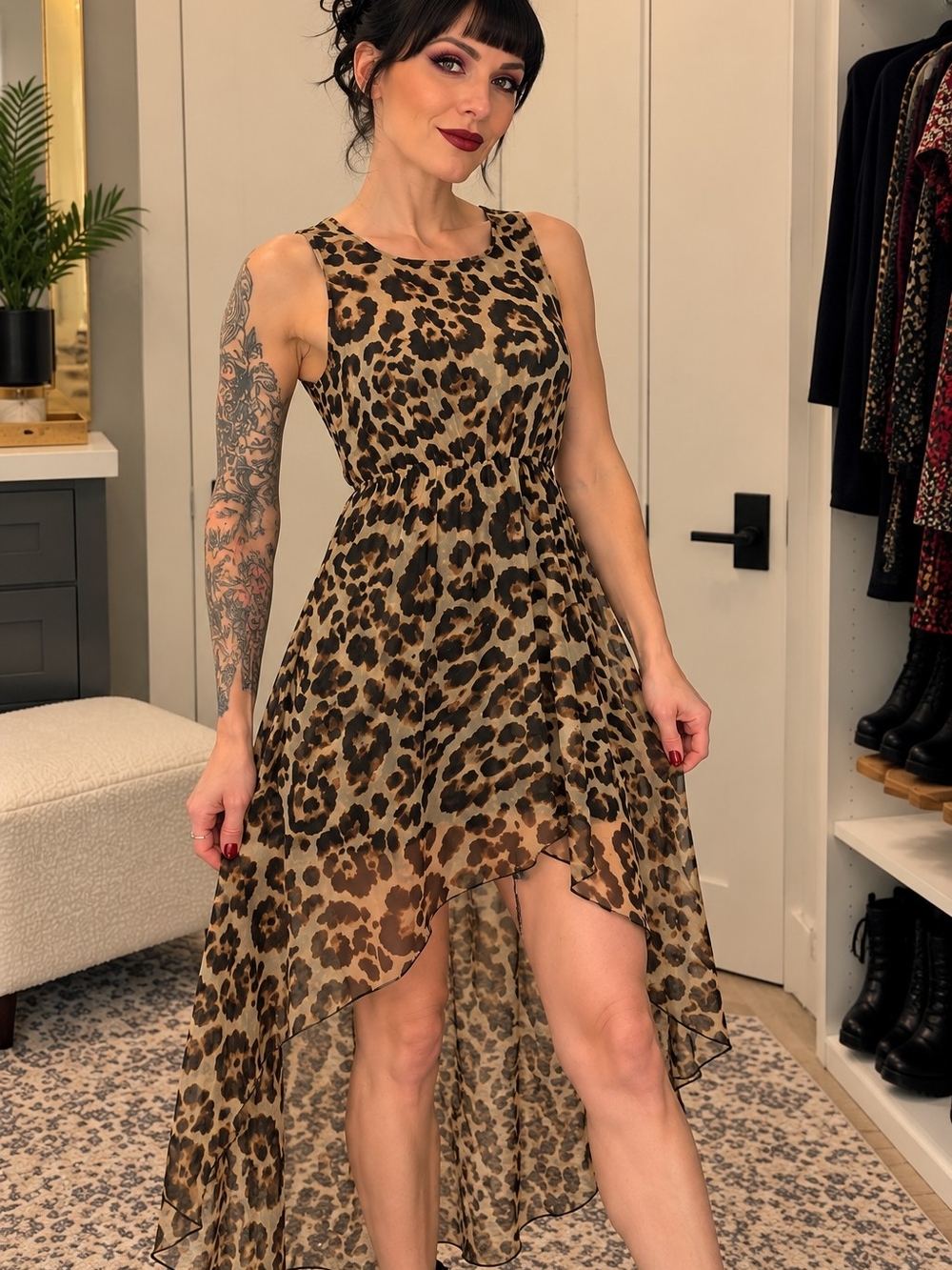 Sans Souci Leopard Print High-Low Sleeveless Dress - Brown & Black